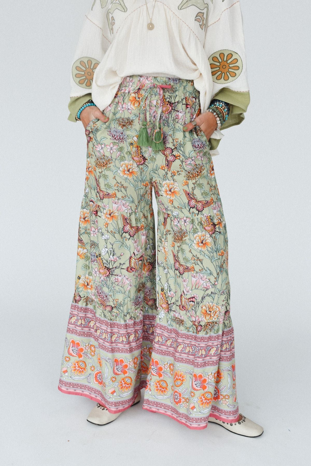 The Nest Lani Wide Leg Pants - Sage Butterfly Border Print