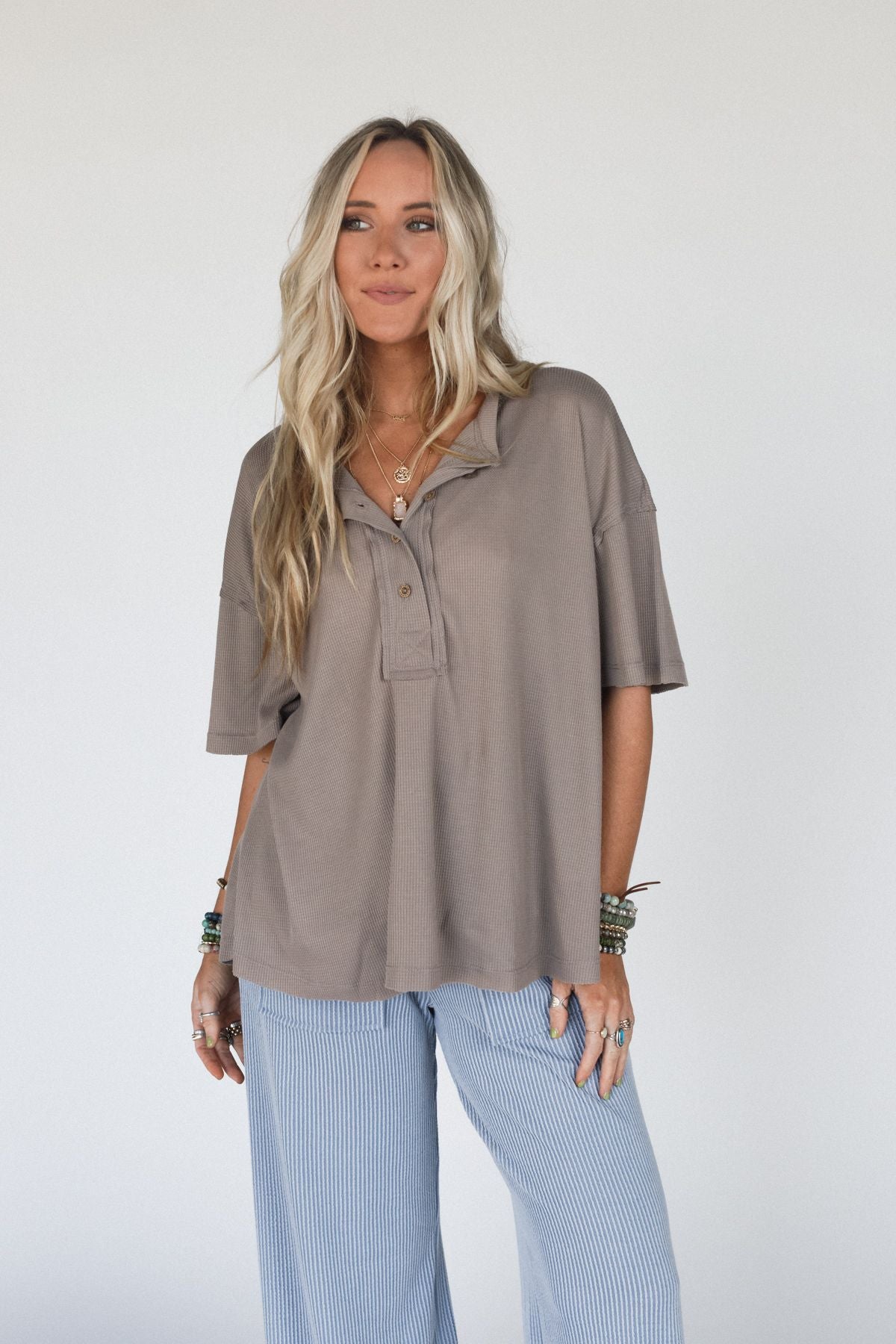 The Nest Soft Plume Henley Top - Mocha