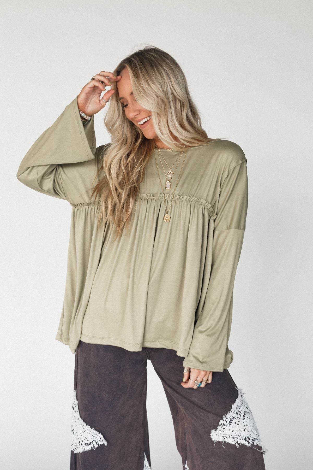 The Nest Solid Serenity Long Sleeve Babydoll Top - Olive