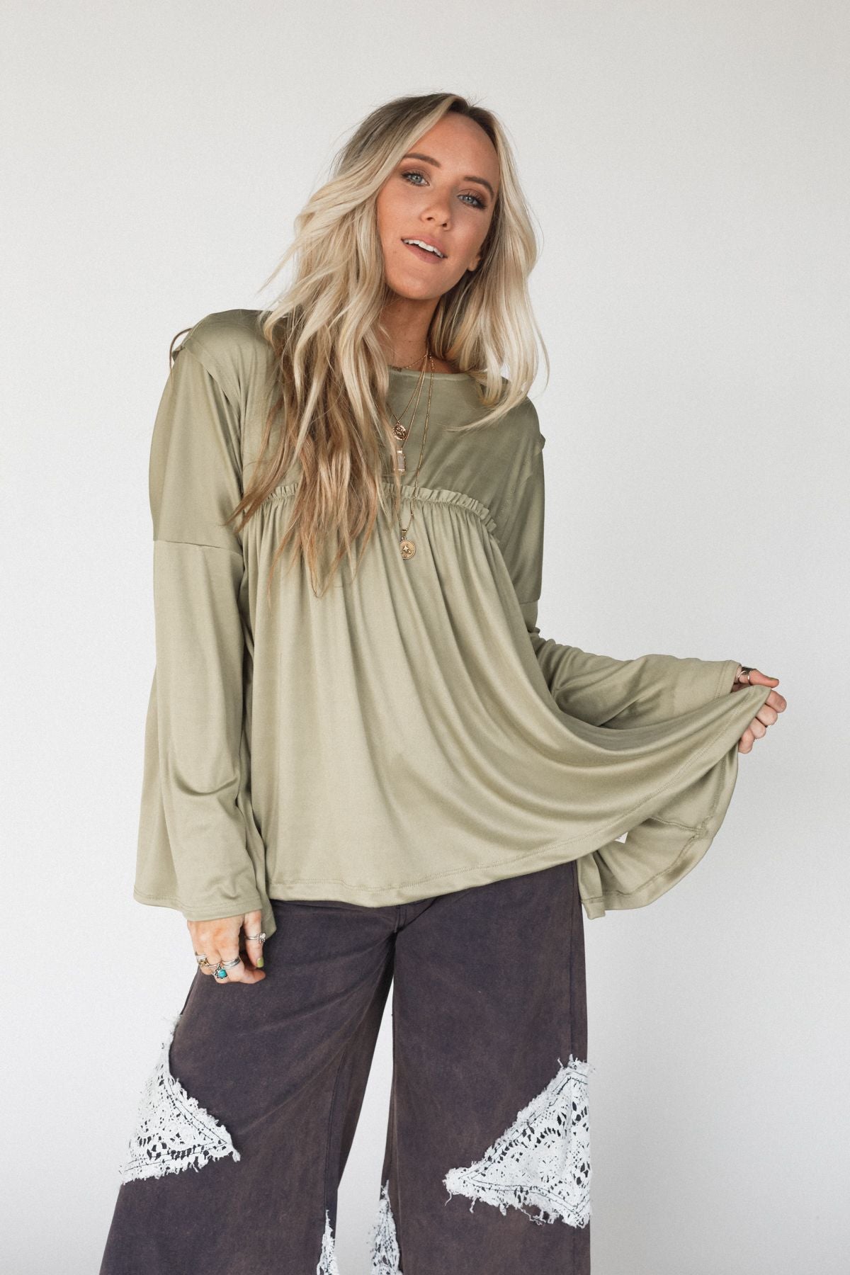 The Nest Solid Serenity Long Sleeve Babydoll Top - Olive