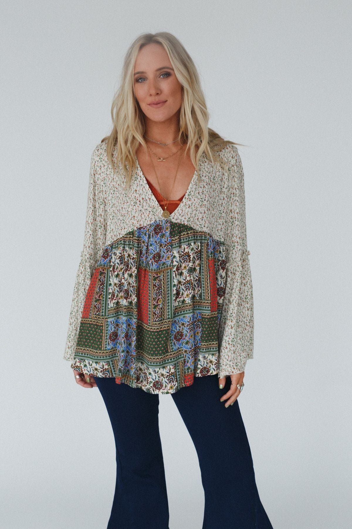 The Nest Brea Mixed Print Top - Green Mixed Print