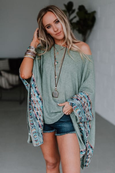 Fallon Embroidered Sleeve Kimono - Sage  - Three Bird Nest