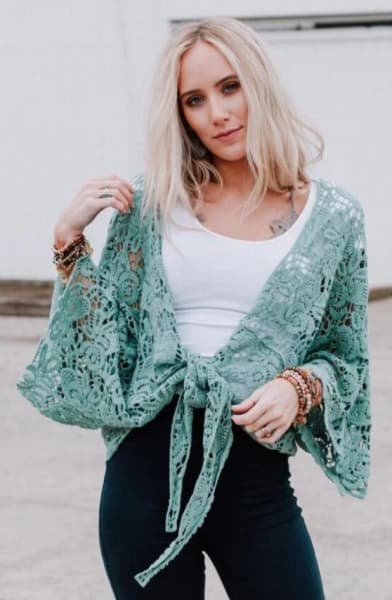 Crochet Petal Kimono Wrap - Mint  - Three Bird Nest