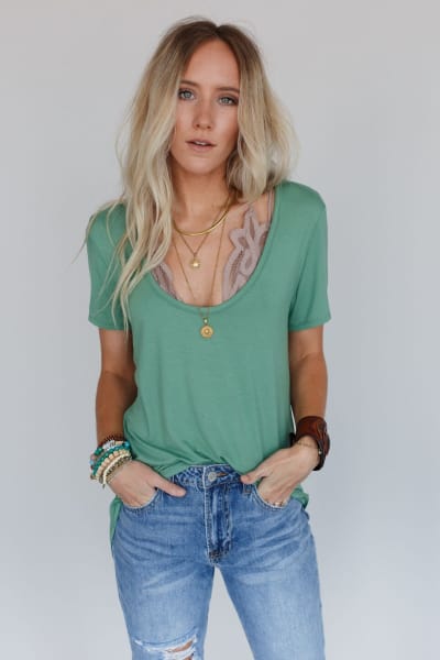 3BN Scoop Neck Bralette Tee - Sage  |  Tops  - Three Bird Nest