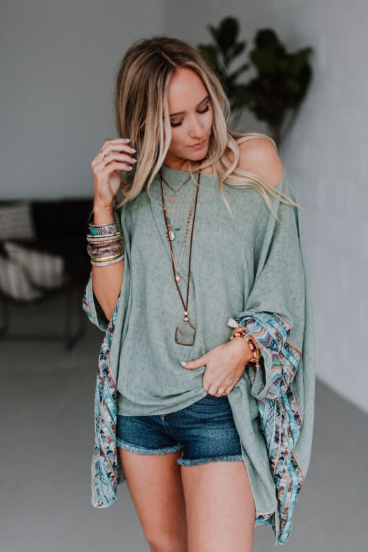 Fallon Embroidered Sleeve Kimono - Sage  - Three Bird Nest