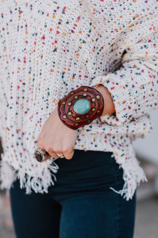 Aegean Boho Leather Cuff Bracelet - Turquoise  - Three Bird Nest