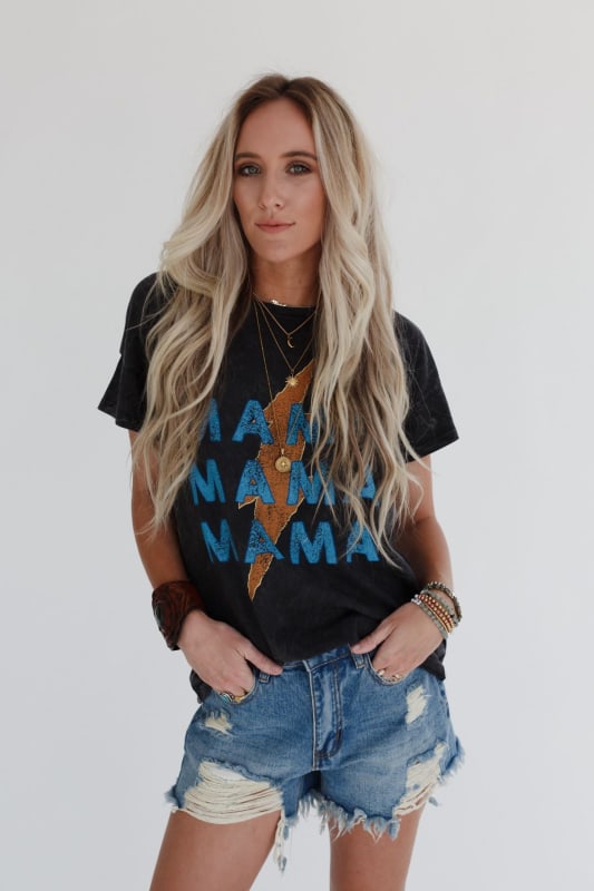 Thunder Mama Vintage Graphic Tee - Charcoal  |  Tops  - Three Bird Nest