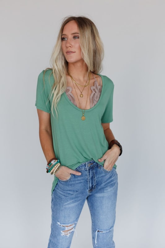 3BN Scoop Neck Bralette Tee - Sage  |  Tops  - Three Bird Nest