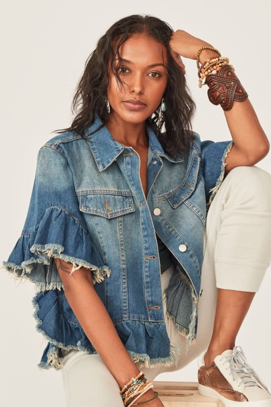 Scottie Ruffle Denim Jacket - Blue  - Three Bird Nest