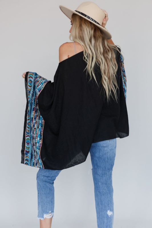 Fallon Embroidered Sleeve Poncho - Black  |  Kimonos  - Three Bird Nest