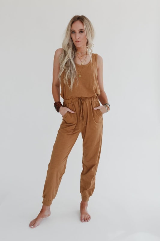 3BN Set to Go Textured Jumpsuit And Cardigan Set - Camel  |  Dresses  - Three Bird Nest