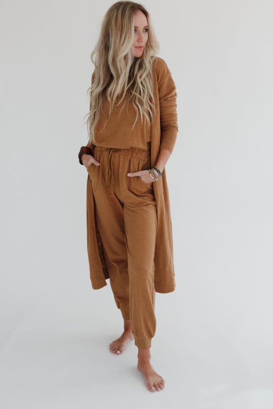 3BN Set to Go Textured Jumpsuit And Cardigan Set - Camel  |  Dresses  - Three Bird Nest