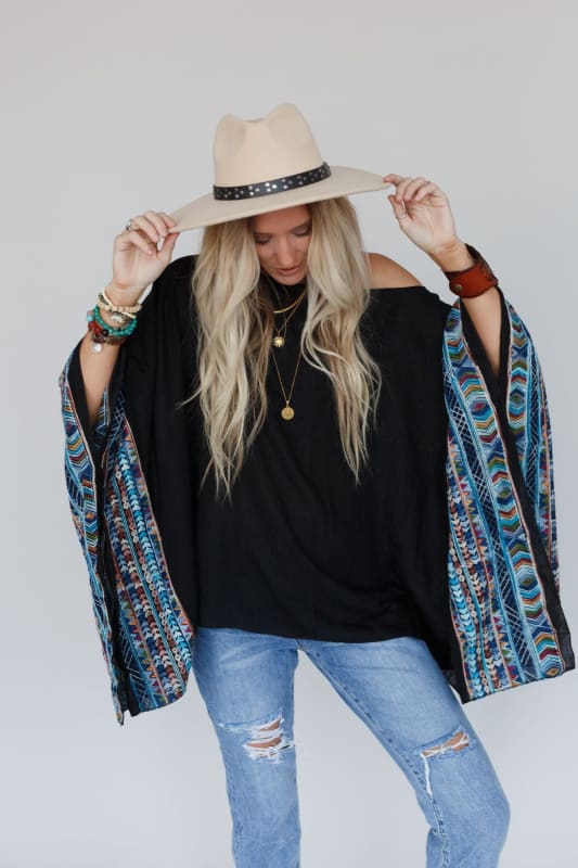 Fallon Embroidered Sleeve Poncho - Black  |  Kimonos  - Three Bird Nest