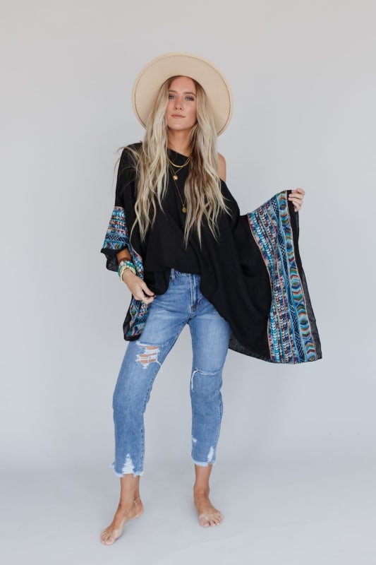 Fallon Embroidered Sleeve Poncho - Black  |  Kimonos  - Three Bird Nest