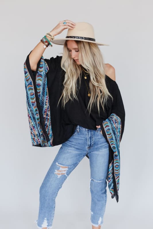 Fallon Embroidered Sleeve Poncho - Black  |  Kimonos  - Three Bird Nest