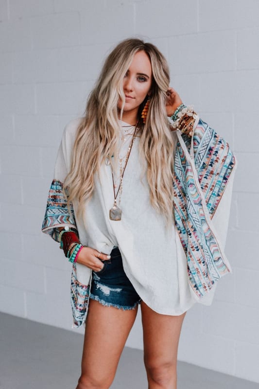 Fallon Embroidered Sleeve Kimono - Ivory  - Three Bird Nest